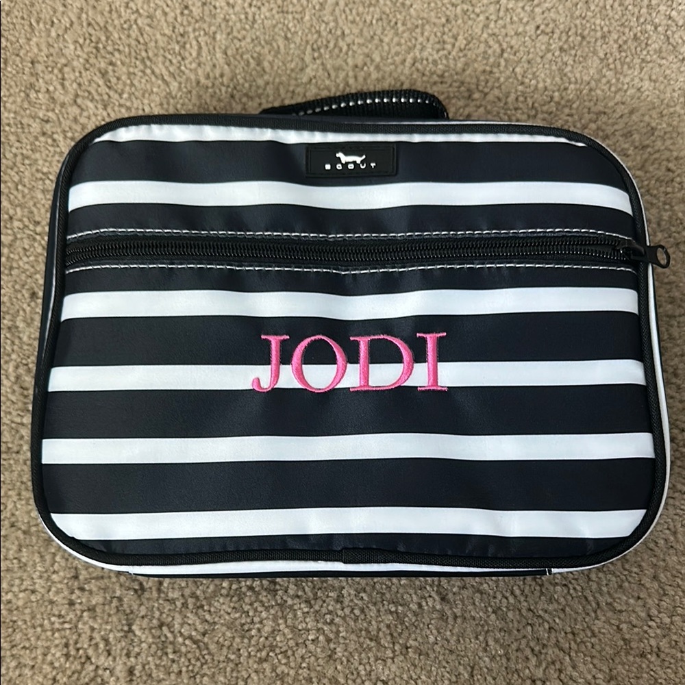 SCOUT Fleetwood Black and White Striped Lunch Bag with JODI Pink Embroidery